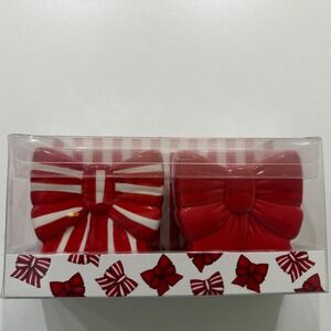 Kirkland's Home Red White Striped Bow Ceramic Salt and Pepper Shaker Set
